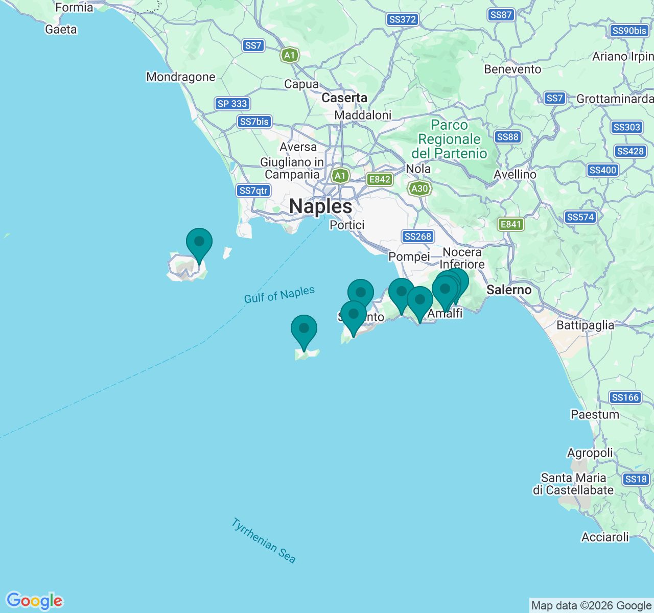 Map showing towns along the Amalfi Coast