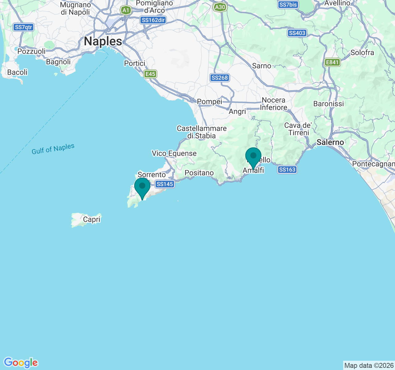 Map showing Amalfi and Nerano
