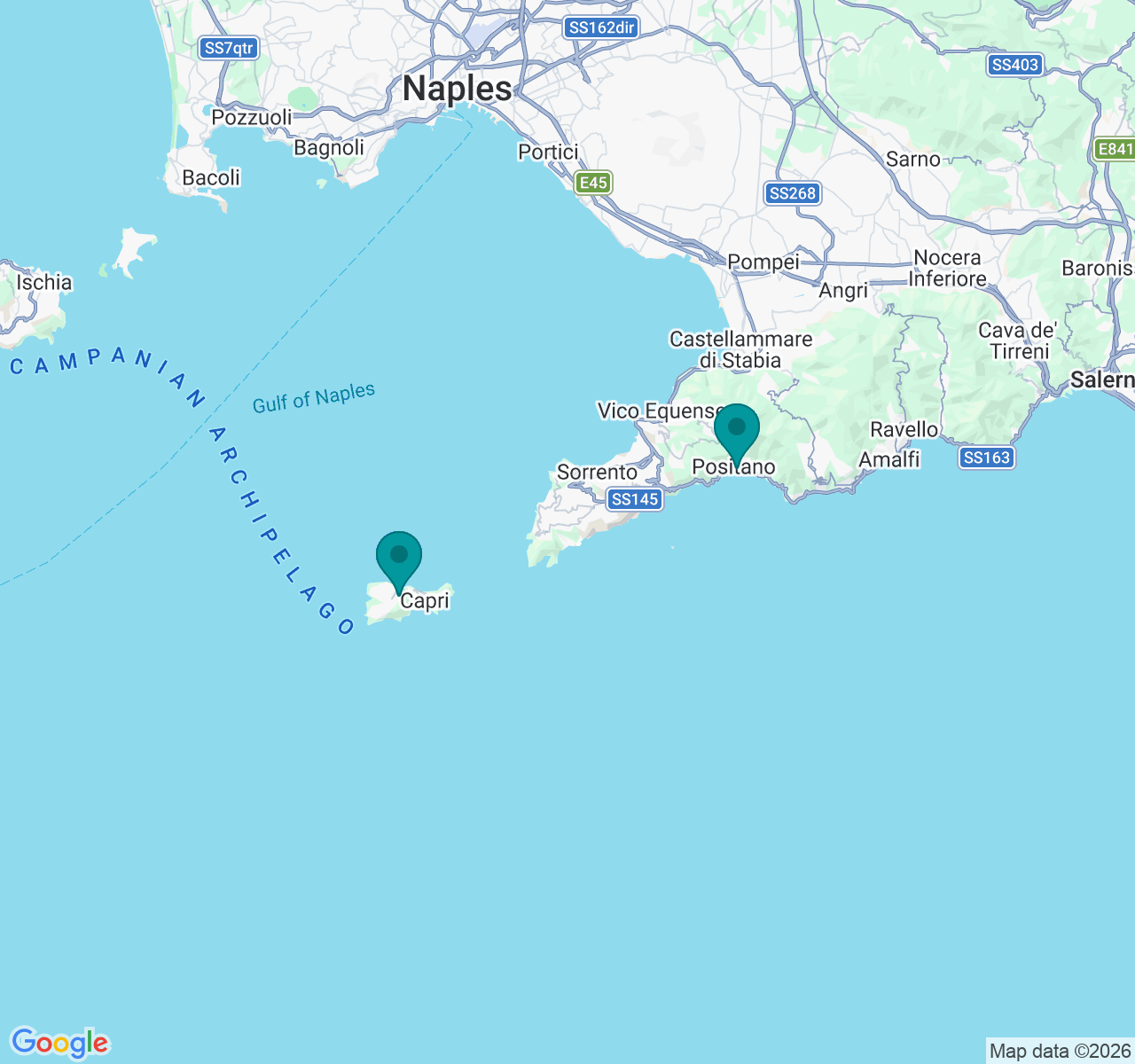 Map showing Positano and Capri