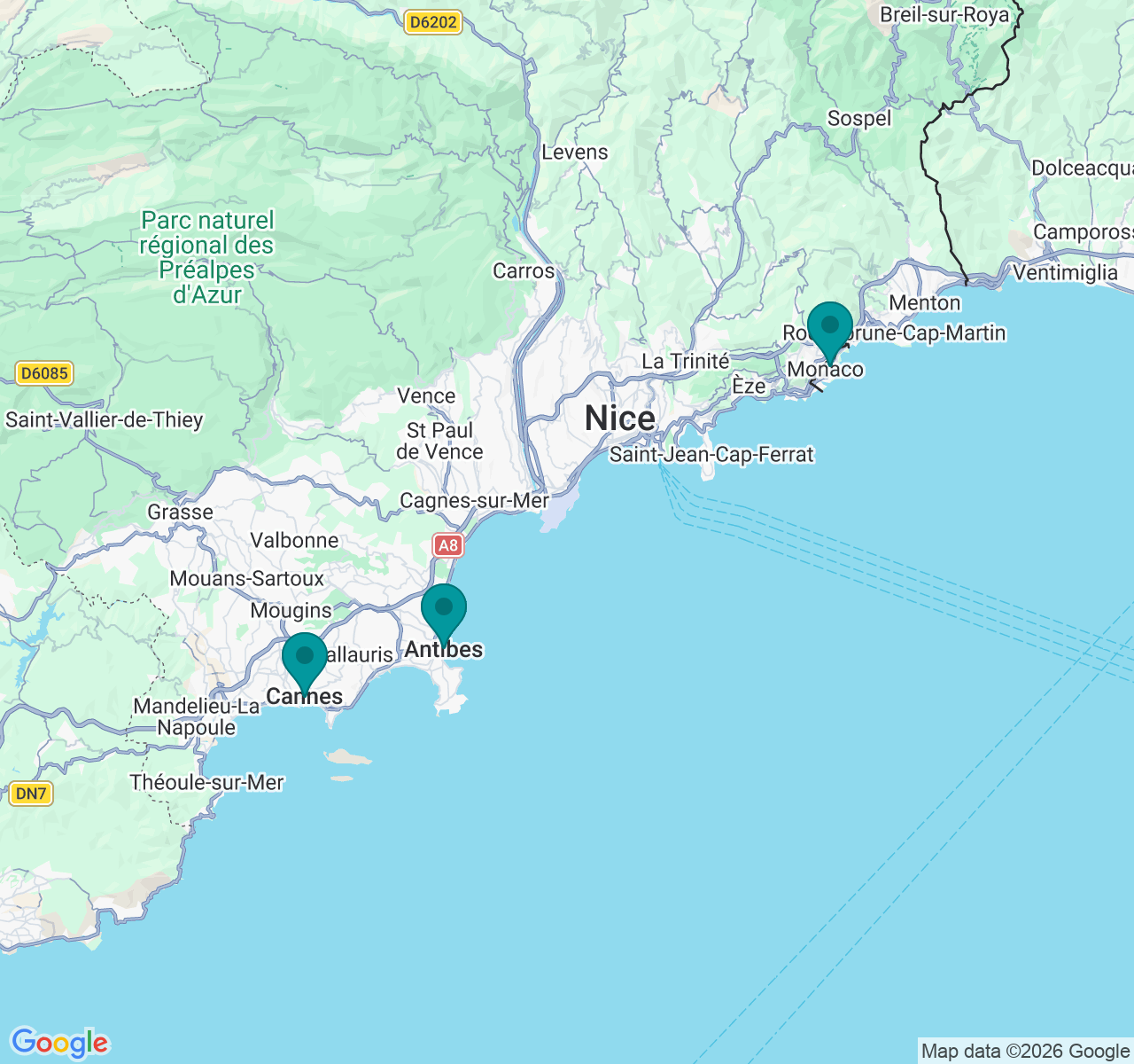 Map showing Cannes, Antibes and Monaco