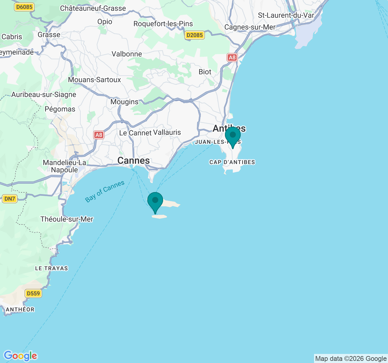 Map showing the Cannes Islands and Cap d'Antibes