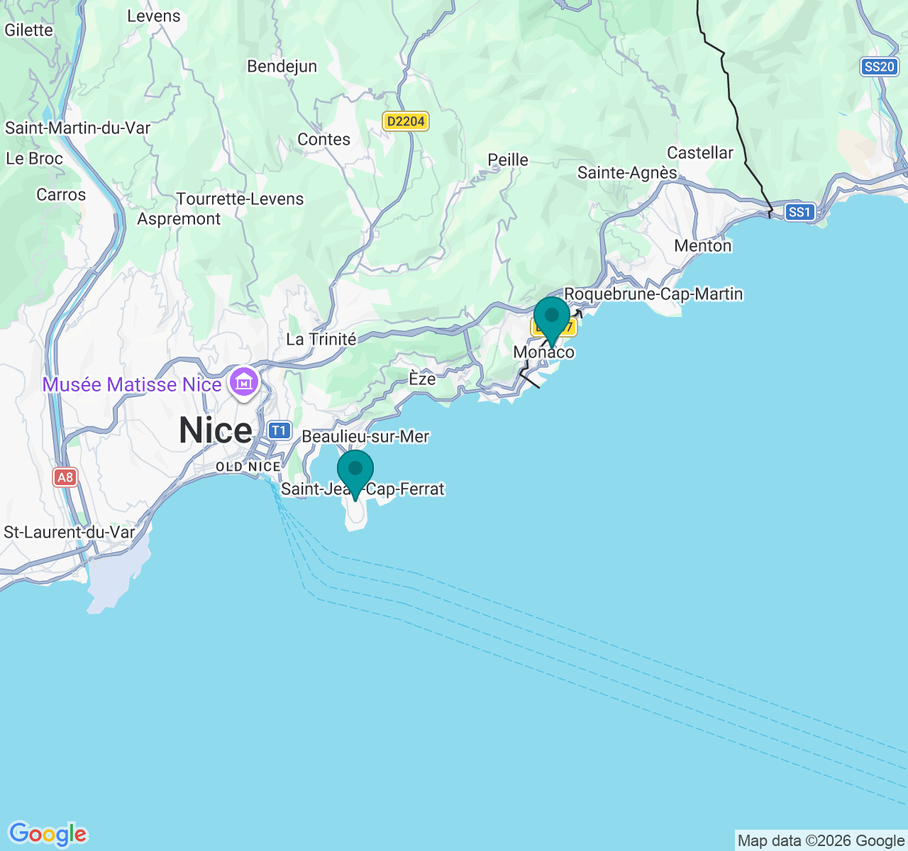 Map showing Monaco and Cap Ferrat