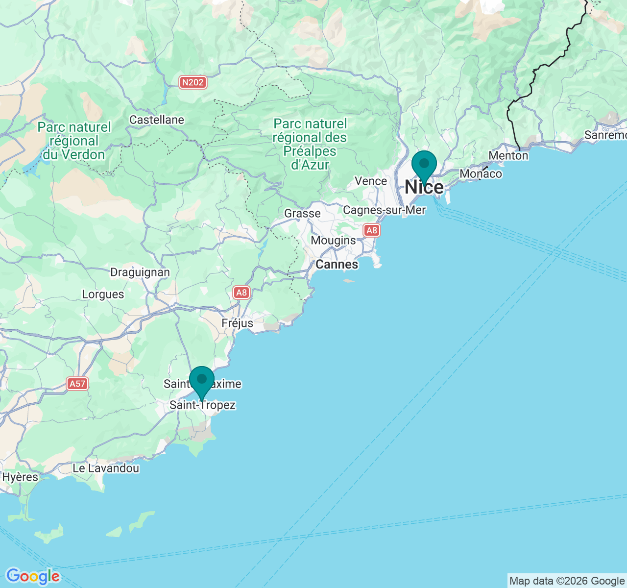 Map showing Nice and Saint-Tropez